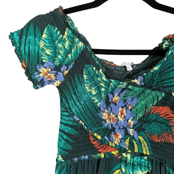 NWT Patrons of Peace Tropical Palm Leaf Print Off Shoulder Surplice Smocked Ruff - Picture 7 of 16
